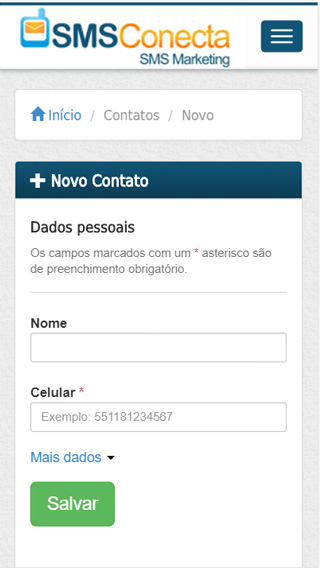 NOVO CONTATO TELA SISTEMA SMS MARKETING